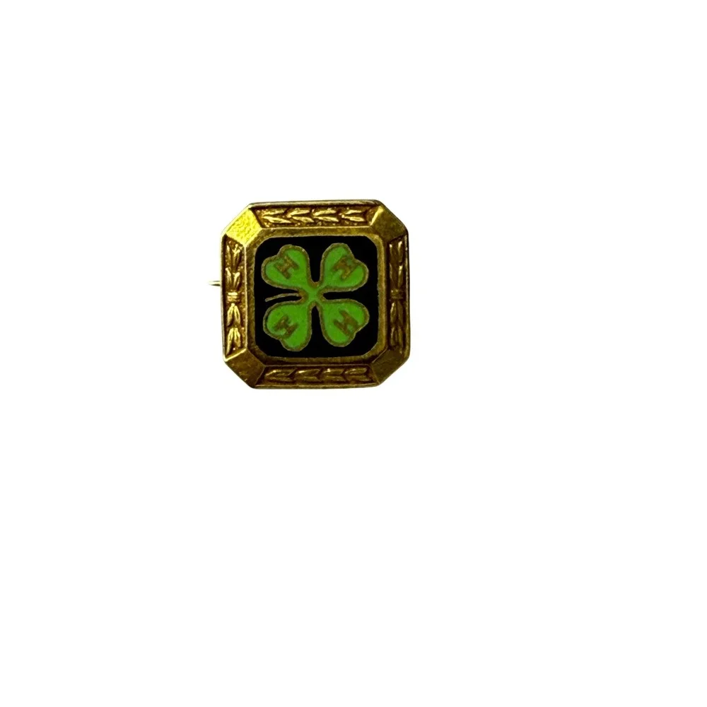 Vintage 4-H Club Enamel Clover Pin Gold Filled Laurel Border Green Black Square